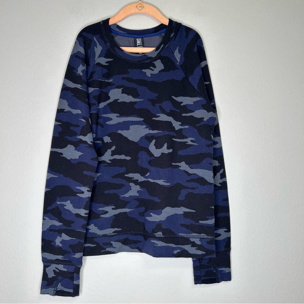 Athleta Girl Cozy Cross Your Fingers Sweatshirt Navy Camo Size L/12